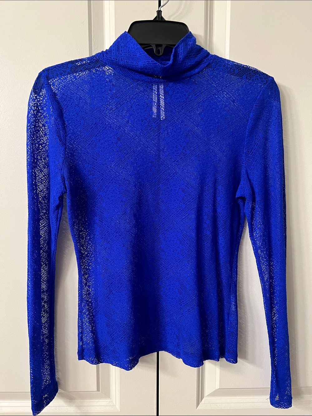 Anthropologie: Sheer Lace Royal Blue Long Sleeve Turtleneck Top